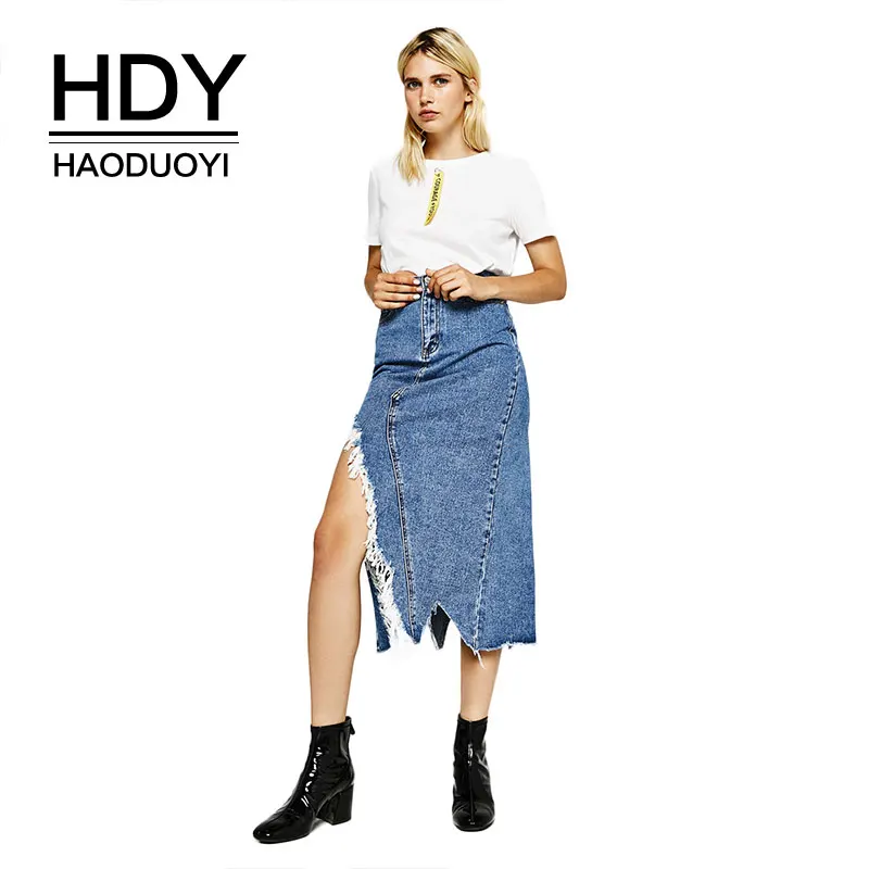 Женская ассиметричная юбка HDY Haoduoyi с разрезом до середины икры на осень