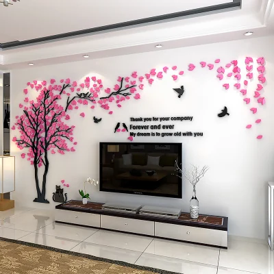 Pink leaf Left Золотые листья птицы милый Кот Кристалл трехмерное дерево Акриловые настенные наклейки Декор для дома DIY самоклеящиеся украшения - Цвет: Pink leaf Left
