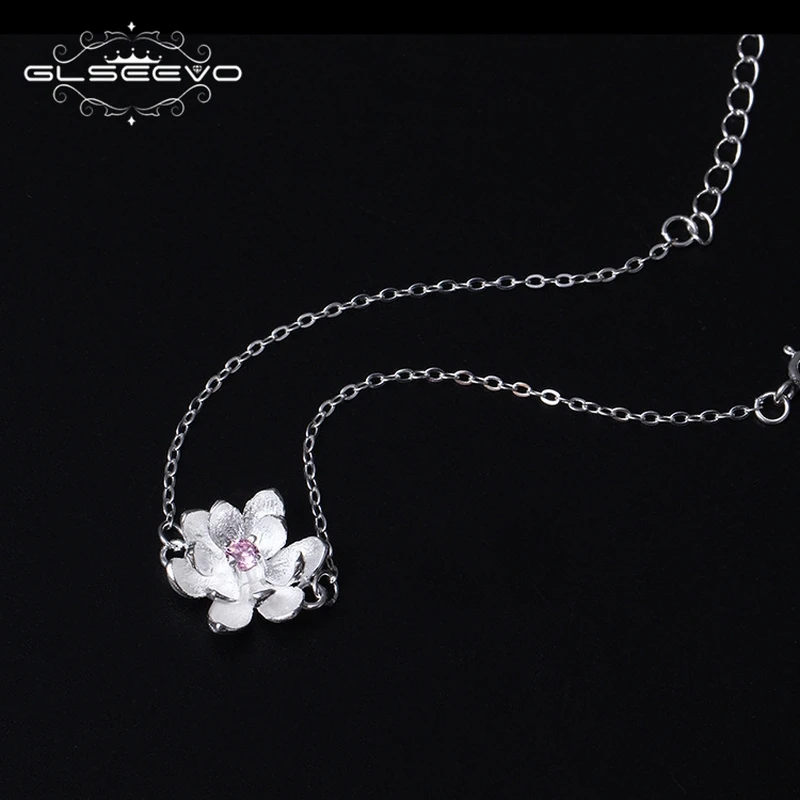 GLSEEVO 925 Sterling Silver Flower Bracelet For Woman Pink Zircon Adjustable Bijoux Argent Massif Jewelry GB0010 | Украшения и