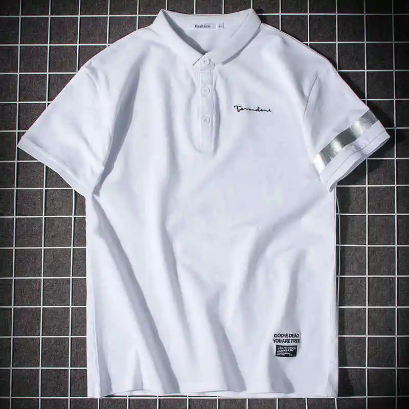White ZY/модные однотонные рубашки в стиле Харадзюку; повседневные свободные рубашки в полоску с буквенным принтом; уличная одежда со стоячим воротником; поло из крокодиловой кожи; Camiseta Polo - Цвет: White
