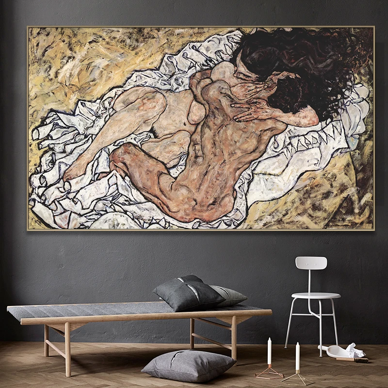 Картина для художника Egon Schiele с обнаженными обнимками на холсте принтом постер