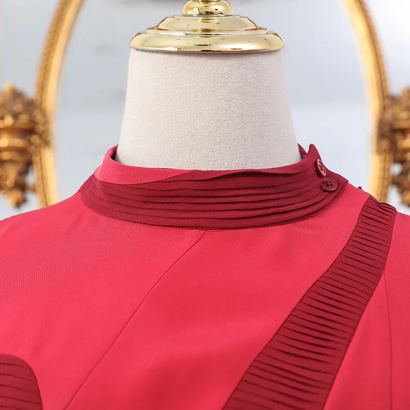 VOA Heavy Silk Red Pleated Retro Dresses Women Midi Party Dress Autumn Long Sleeve Vintage Large Size Elegant Slim A10015 | Женская