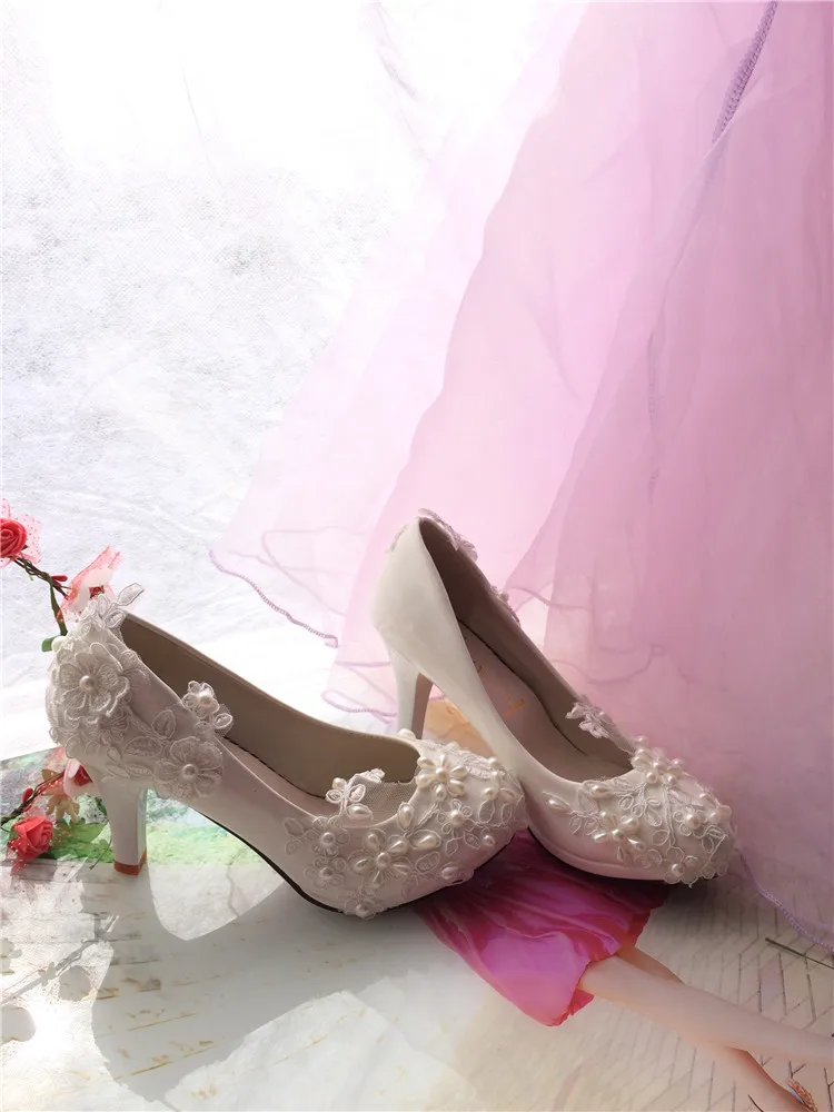 Кружевные жемчужные белые свадебные туфли женские модные больших размеров для