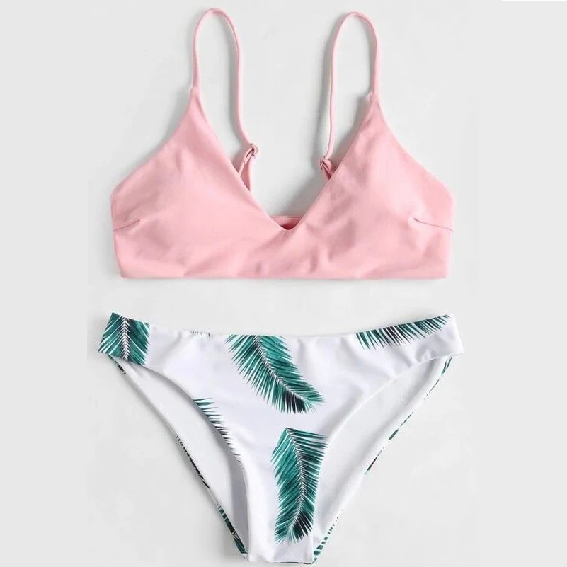 Лиственным принтом сексуальный комплект бикини Schwimmwear женщина с лямкой на шее