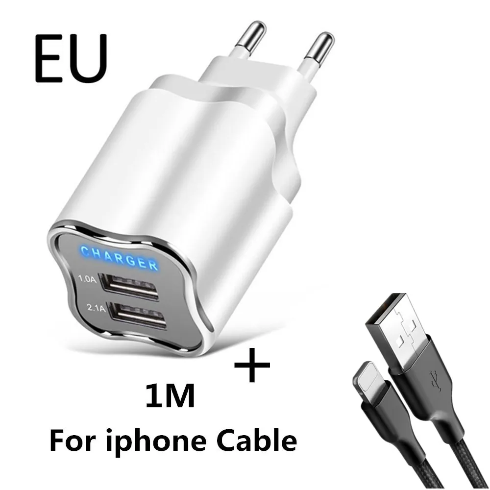 EU ip Cable 5 в 2.1A светодиодный 2 USB зарядное устройство Хорошее настенное зарядное устройство EU/US штекер Адаптер для iPhone 8 7 6 iPad samsung huawei Xiaomi зарядное устройство для мобильных телефонов s - Тип штекера: EU ip Cable