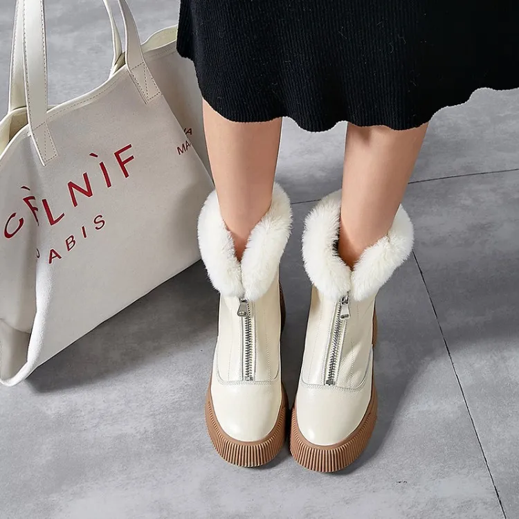 GPOKHDS women snow boots cow leather zippers winter warm wool blend round toe high heels boots