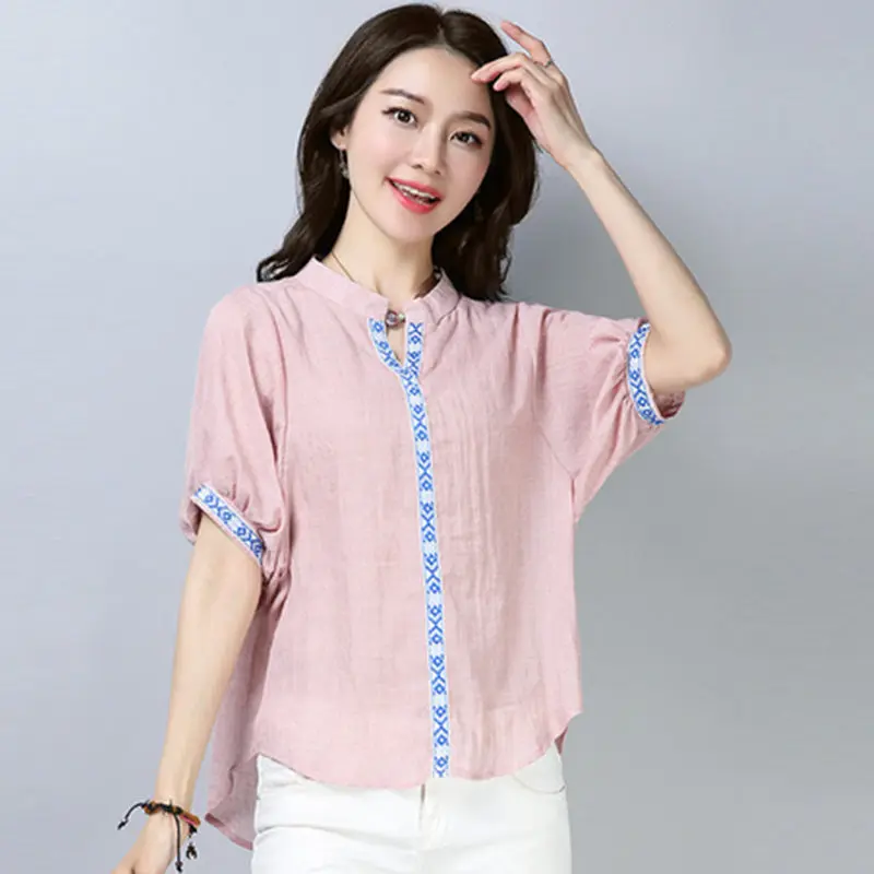 Для женщин из хлопка и льна блузка рубашка 2018 Новая мода вышивка блузки короткий