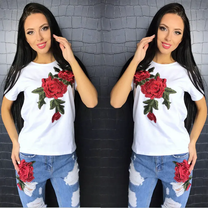 Летняя Новинка брендовая модная футболка для женщин одежда вышивка круглый