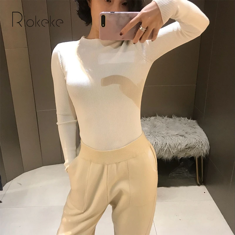 Riokeke O-neck Slim Minimalist Sweater Female Long-sleeved Knitted Autumn Winter Women High elastic Pullovers | Женская одежда