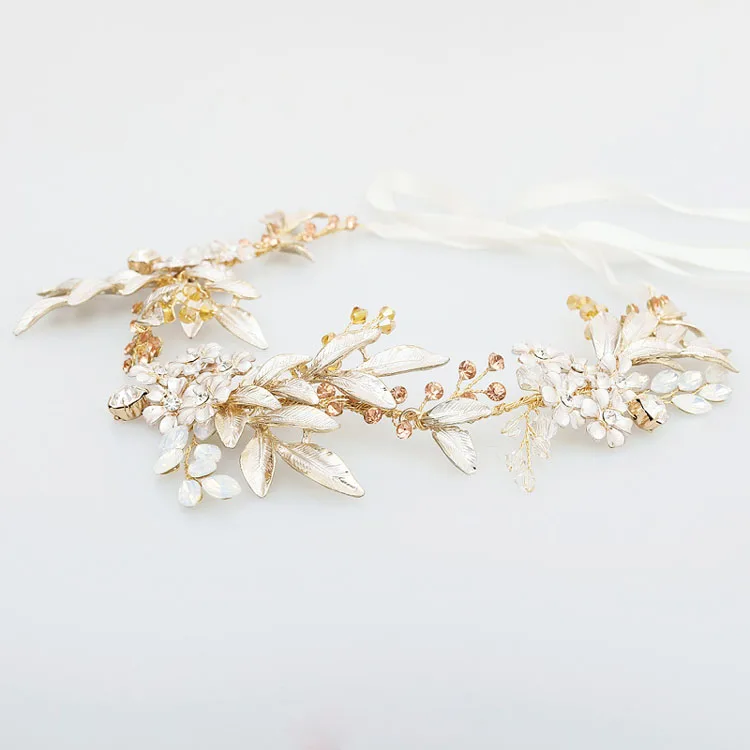 

SLBRIDAL Gold Flower Leaf Crystals Rhinestones Ribbon Wedding Hairbands Bridal Headband Hair accessories Bridesmaids Hair Vine