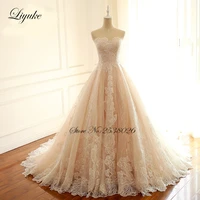 liyuke embroidery strapless a line wedding dress floral print lace elegant bridal dress lace up with court train