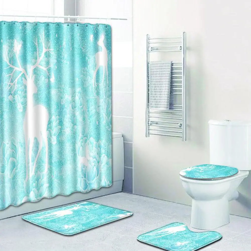 3 4pcs / set Elk series Printed Pattern Shower Curtain Pedestal Carpet Lid Toilet Cover Mat Bath Mat Set Bathroom Curtains with 12 hooks - Цвет: 3