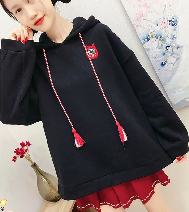 Белая, черная, японская одежда, Толстовка Harajuku Kawaii с вышитым котом, расклешенными рукавами, Женский Топ,, осенняя, японская Конфета FF2080