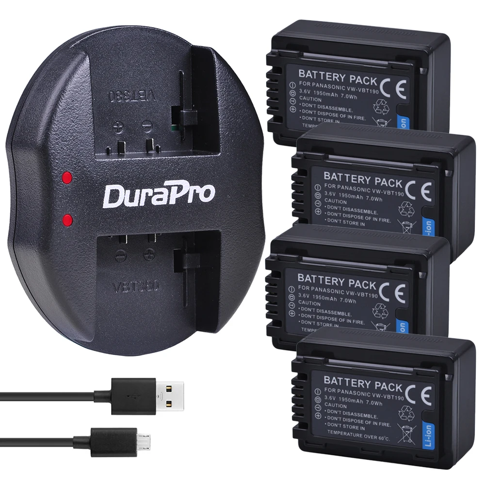 Комплект из 4 предметов VW-VBT190 VW VBT190 VBT380 Перезаряжаемые Батарея+ USB Зарядное устройство для цифрового фотоаппарата Panasonic HC-V180GK, HC-WX970GK, HC-V800GK, HC-W580GK, VX11GK