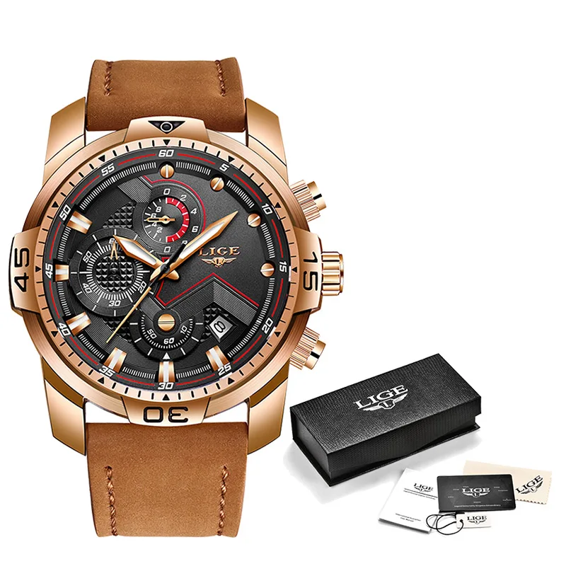 Full Rose Gold LIGE мужские часы Топ люксовый бренд Модные Бизнес Кварцевые часы мужские кожаные военные спортивные водонепроницаемые часы Relogio Masculino - Цвет: Full Rose Gold