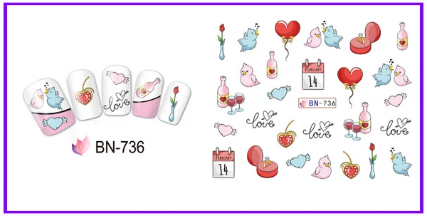 UPRETTEGO 12 упак./лот переводка NAIL ART наклейки на ногти цветок ручной работы розы с милыми сердечками и поцелуй губы торт на День святого Валентина BN733-744