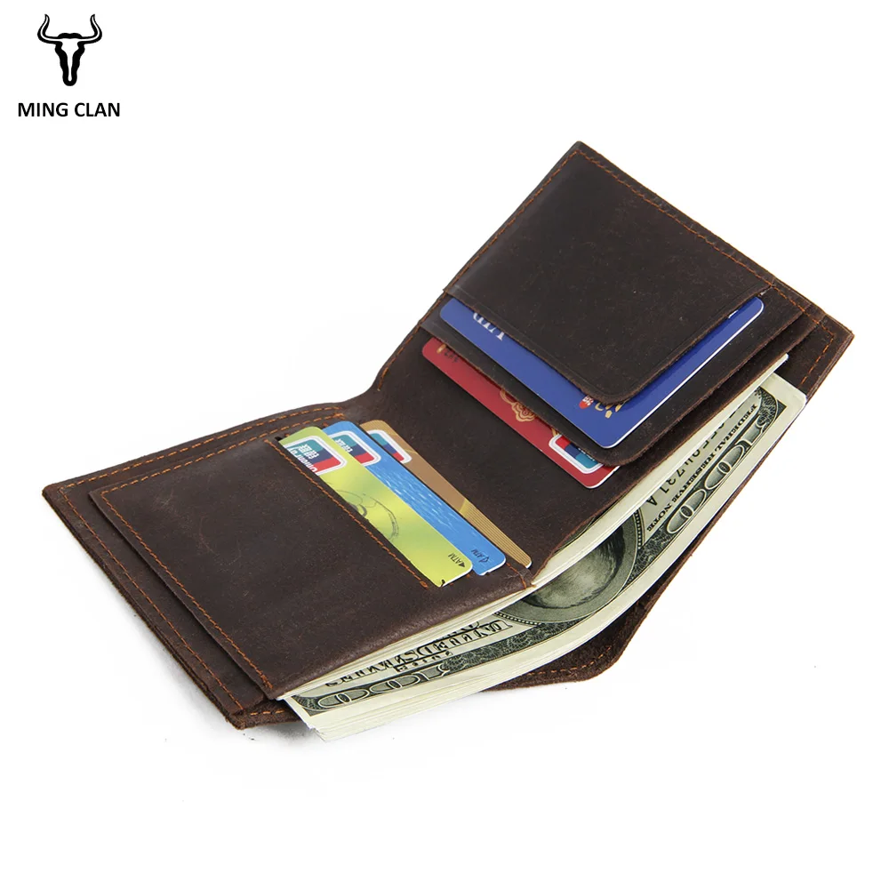 Mingclan Crazy Horse Men Wallets Genuine Leather Male Purse Porte Carte Card Holder Slim Wallet Clutch Short Travel Pocket Bag