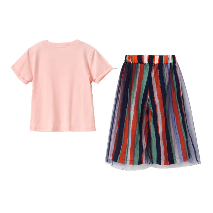 Striped Wide leg Pants Teenage girls clothing 2019 New Summer Clothes Cotton Printed Short-sleeve Tops two pieces sets 8 10 12 | Детская