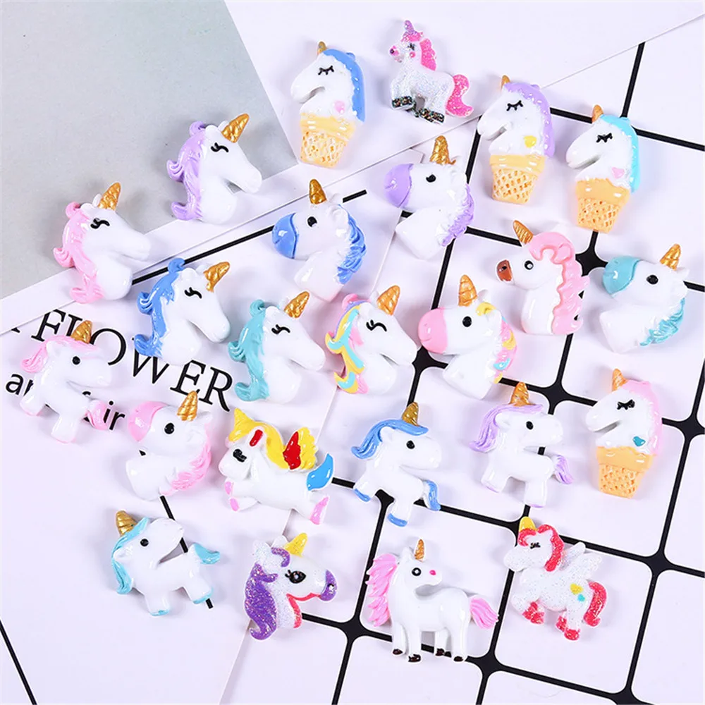 

10Pcs/Lot Flatback Resin Cabochon Kawaii Unicorn Horse Diy Flat back Cabochons Scrapbooking for Phone Hair bow Accessories