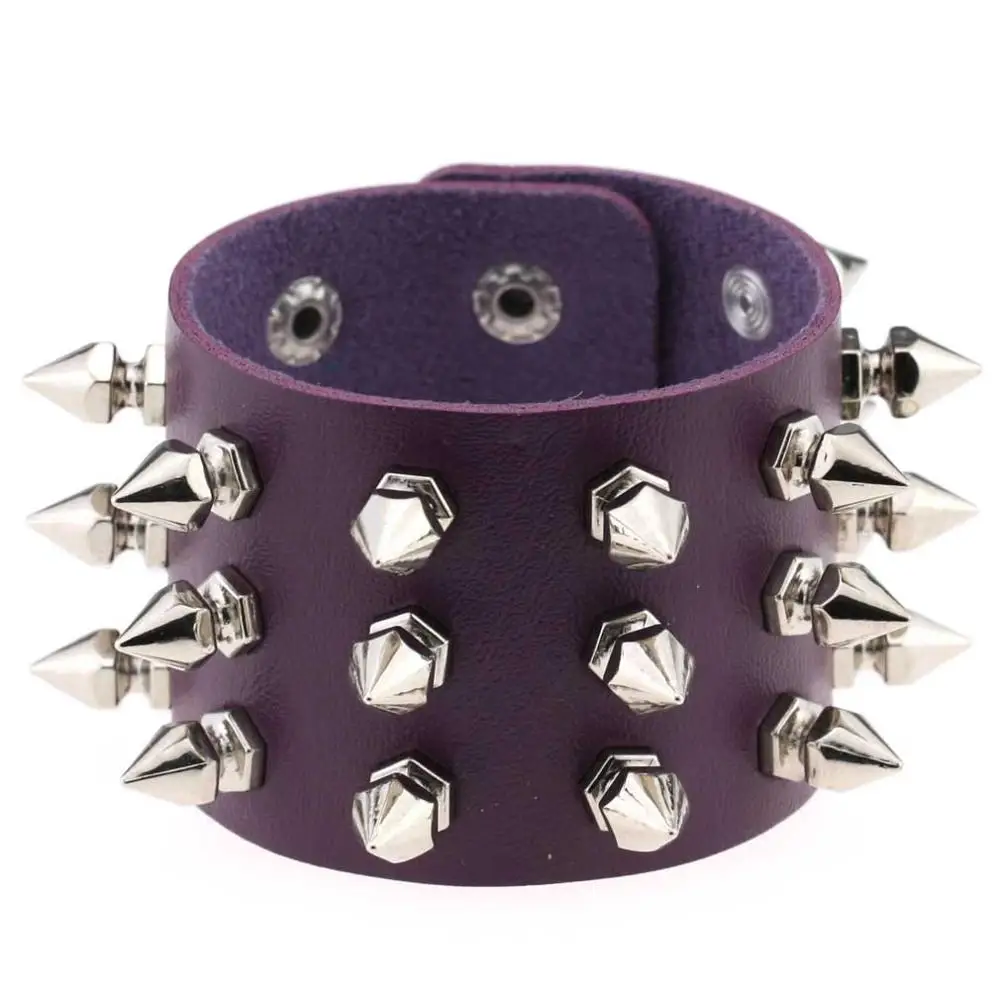 Purple Панк заклепки-шипы гвоздики широкие кожаные манжетные браслеты Браслеты Готический рок унисекс-браслет жгут браслеты Шарм Bileklik Pulseiras - Окраска металла: Purple