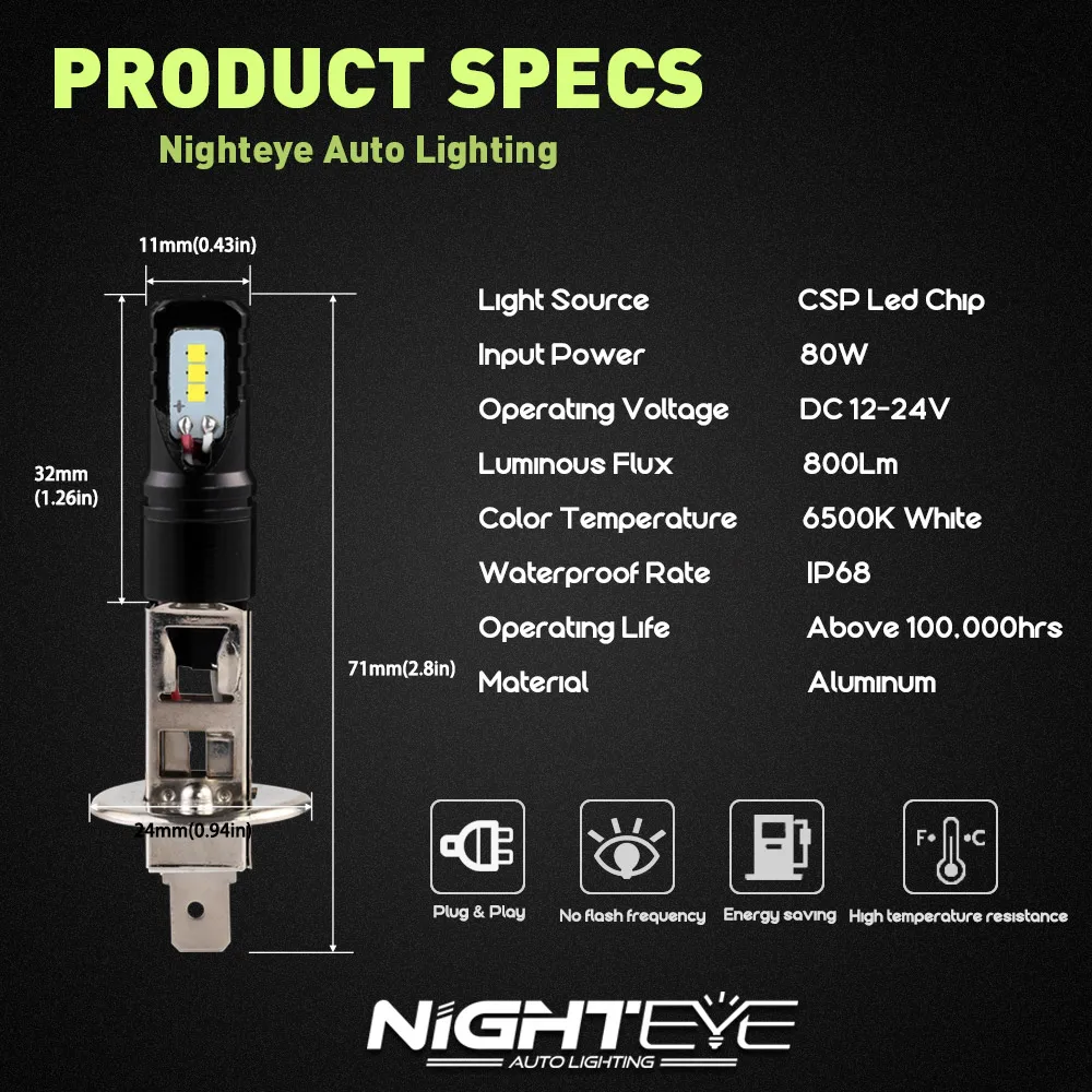 Nighteye H10 H11 H16 880 881 9005 9006 H1 H3 H4 H9 PSX24 светодиодные противотуманные Лампочки 1600LM 80 w/set