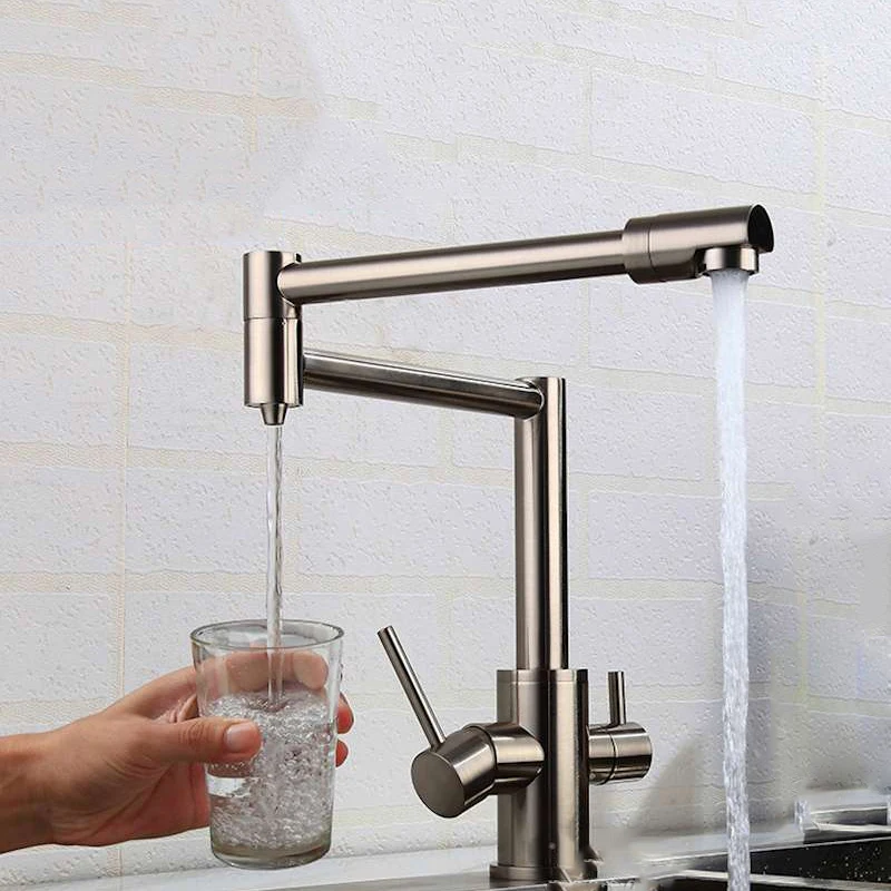 MTTUZK Brass Brushed Kitchen Folding Faucet With Pure Water Cold Hot Kitchen Modern Drinking Water 3 Way Filtered Faucet Mixer