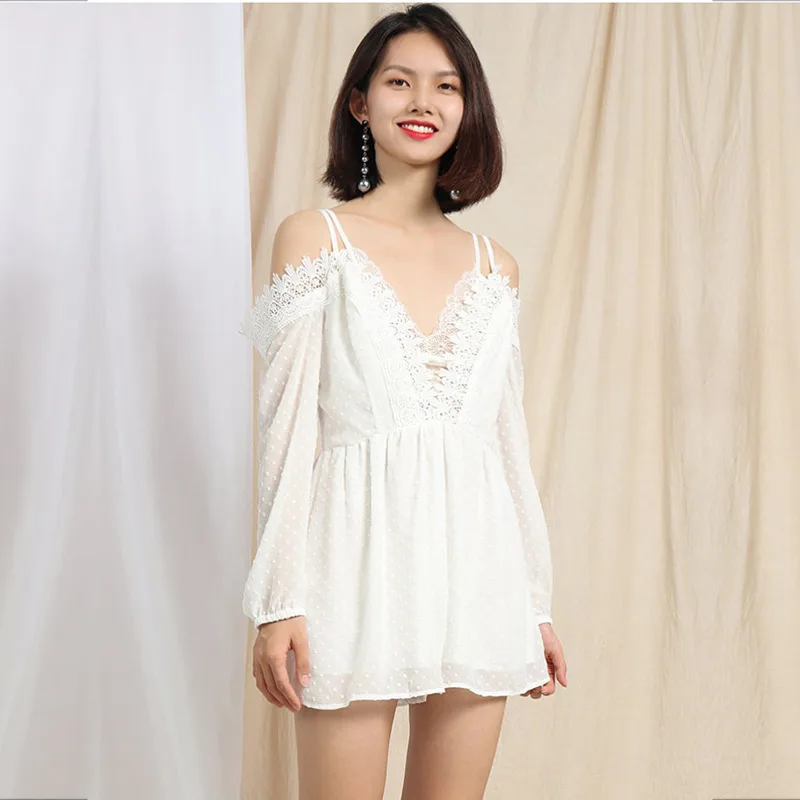 

yinlinhe White Lace Women Summer Overalls Long Sleeve Dot chiffon Playsuit Beach Rompers Lace Up Sexy Short Jumpsuit Women 864