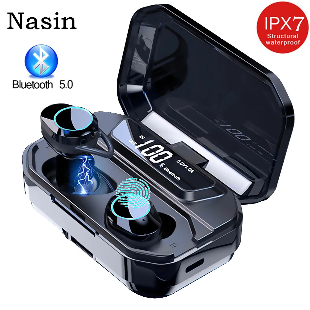 Nasin TWS Bluetooth 5,0 стерео беспроводные наушники IPX7 Водонепроницаемая гарнитура Спорт 3300 мАч умный светодиодный дисплей батареи для хранения