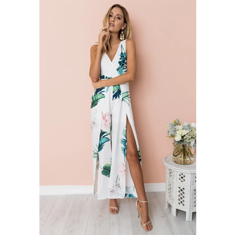 Модный женский комбинезон Boho, длинный, макси, вечерний комбинезон с цветочным принтом, сарафан, полый бант, v-образный вырез, женский комбинезон