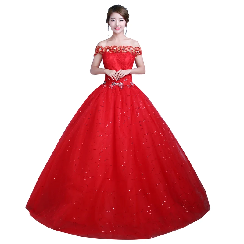 

Red/White Wedding Dress 2019 New Bride Lace Up Boat Neck Princess Wedding Dresses Ball Gowns