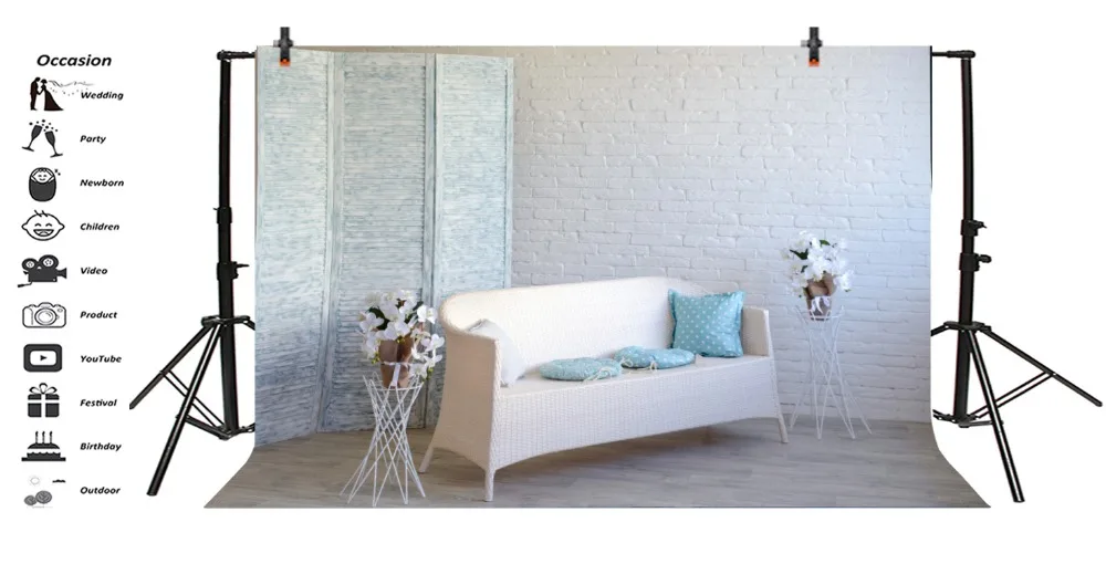 Laeacco комната интерьер белая кирпичная стена диван цветы фотографии фоны