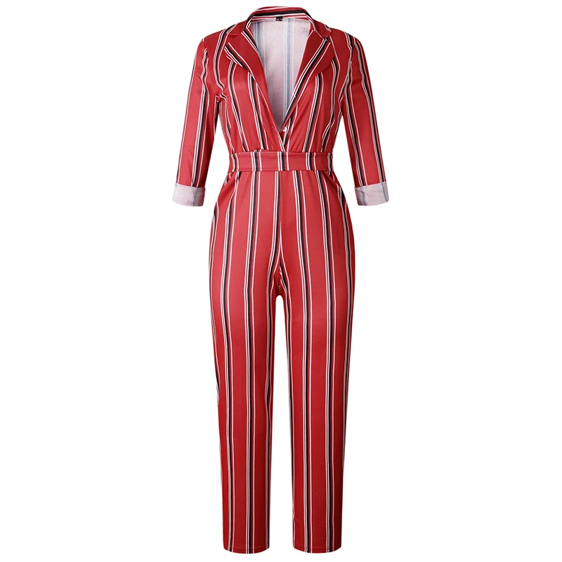 Missufe Notched Striped Women Jumpsuits With Blelt Lace Up Overalls Female Rompers Slim Playsuit Long Sleeve Bodysuits For | Женская