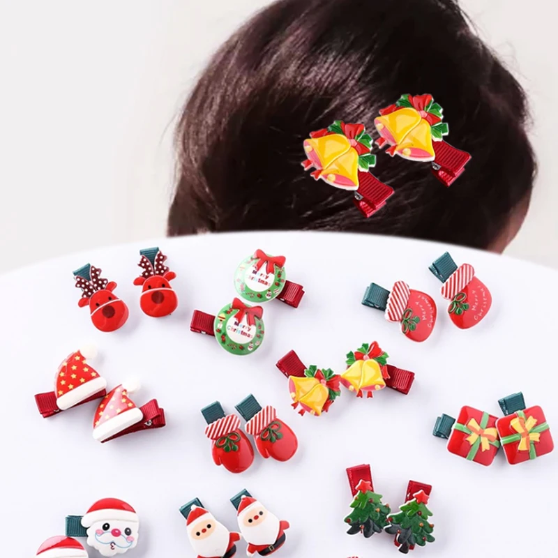 

New Headwear Snowman Christmas Tree Kids 1Pair Hair Clip Acrylic Allergy Free Hair Clip for Children Girls Bell Hairpins