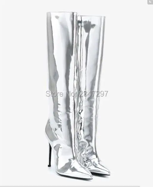 Рождественский Подарок Женщины Колено Высокие Сапоги Matellic Зеркало Кожаные