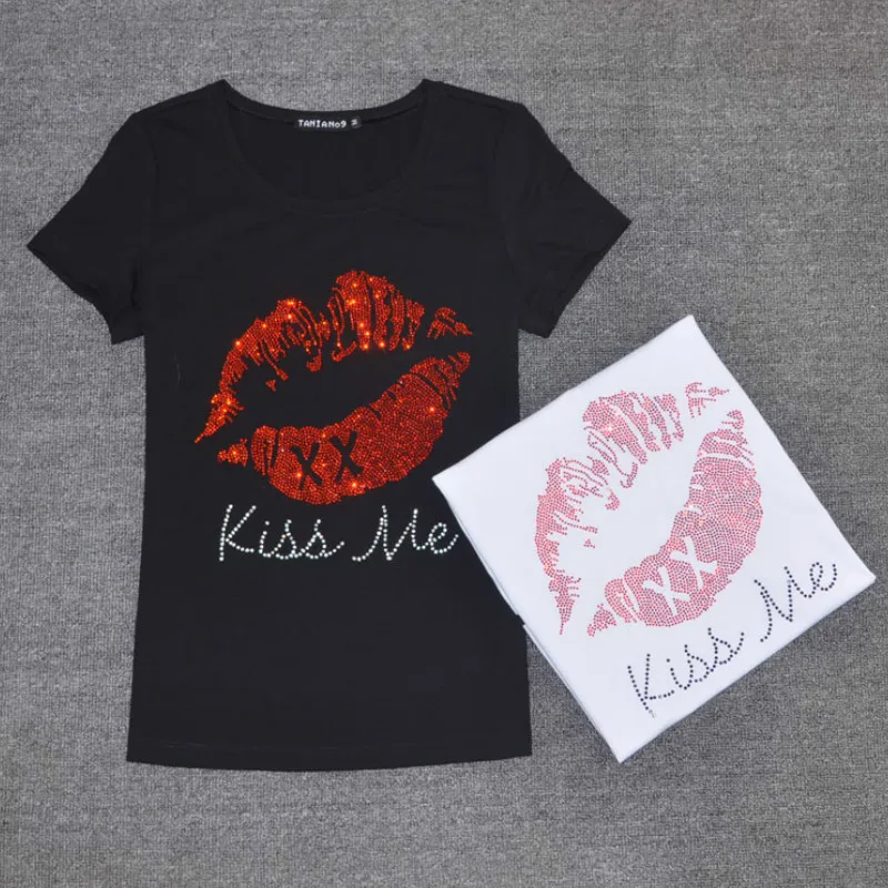 Женские летние футболки с принтом красных губ облегающие черные повседневные