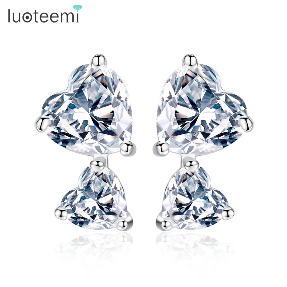 LUOTEEMI New Simple Design Two Heart Shape Zirconias Stud Earrings Cute Love Friend Birthday Gift for Girl Party Jewelry
