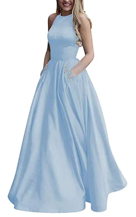 Light blue(with bead Menoqo Новое поступление сексуальные вечерние платья Vestido de Festa А-силуэт платье для выпускного Расшитое бисером карманы Robe De Soiree - Цвет: Light blue(with bead