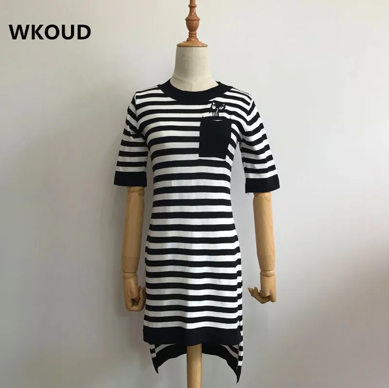 WKOUD женское трикотажное платье в полоску с вышивкой кота рукавом до локтя