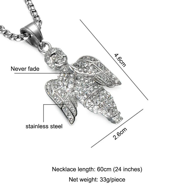 Хип хоп Ангел молитва подвески ожерелья Золото Нержавеющая сталь Bling Iced Out