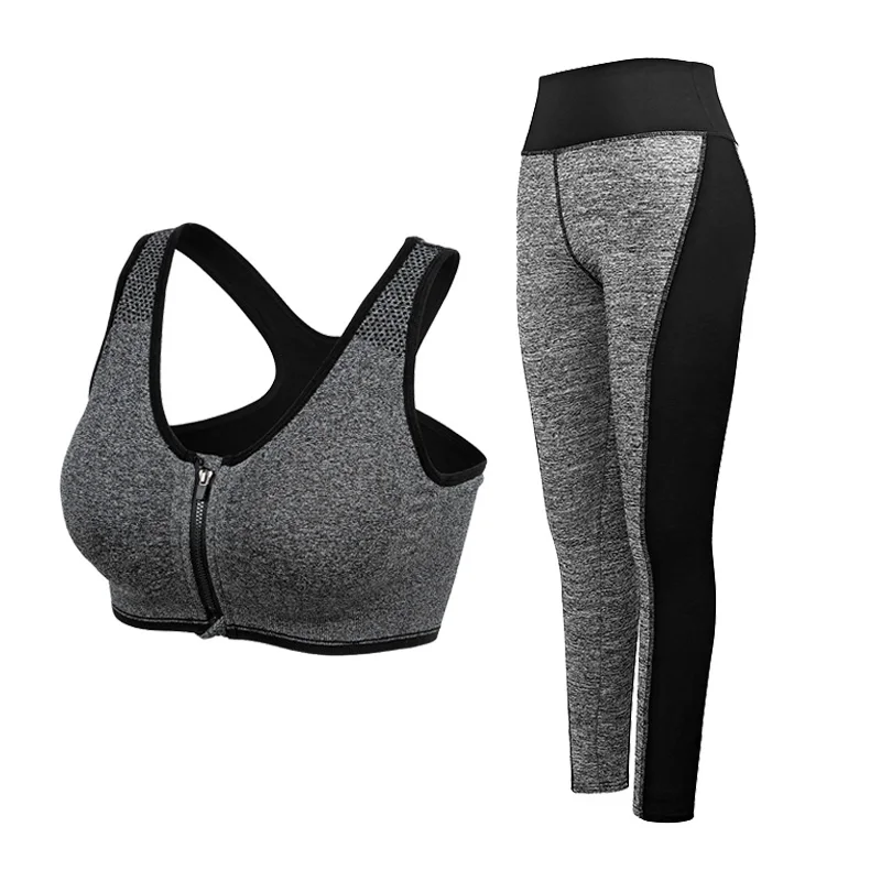 Серый VEQKING, женские комплекты для йоги размера плюс, спортивный бюстгальтер на молнии спереди, эластичные Леггинсы для йоги с высокой талией, дышащие костюмы для фитнеса для женщин - Цвет: Серый