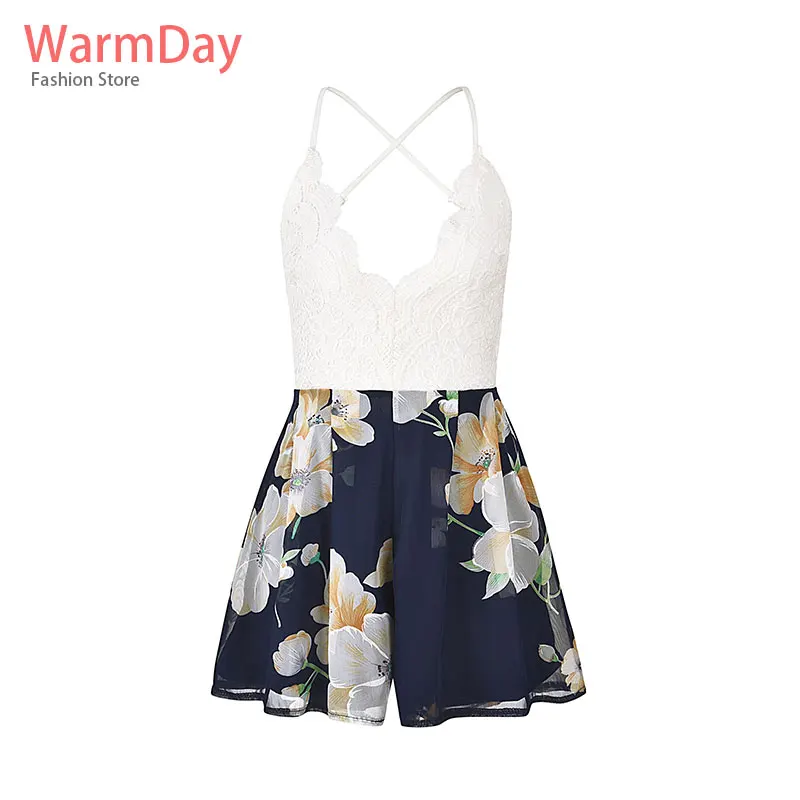 warmday 2019 summer party casual women elegant lace ladies wide leg short jumpsuits streetwear chiffon print floral sexy jumsuit | Женская