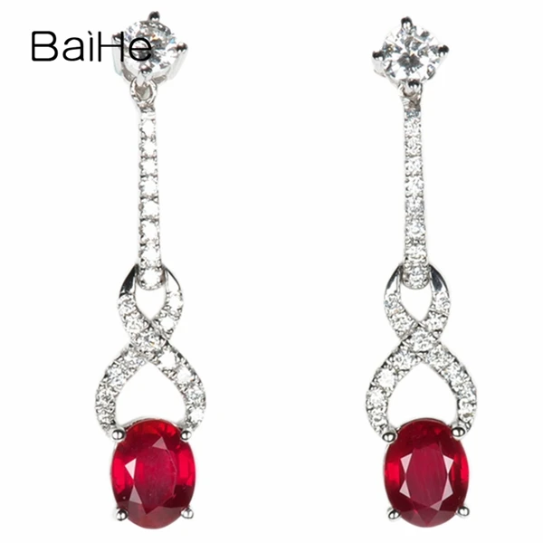BAIHE Твердое 14 к белое золото 0.80ct Овальный натуральный рубин 0.26ct H/SI бриллианты Свадебные трендовые ювелирные изделия рубис бриллианты серьги