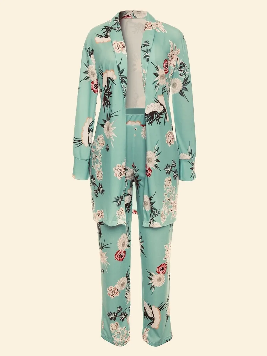 

Nice Autumn New Clubwear Women 3 Piece Se Long Sleeve Coat And Pants Casual Outfits Floral Print Two Pieces Suits