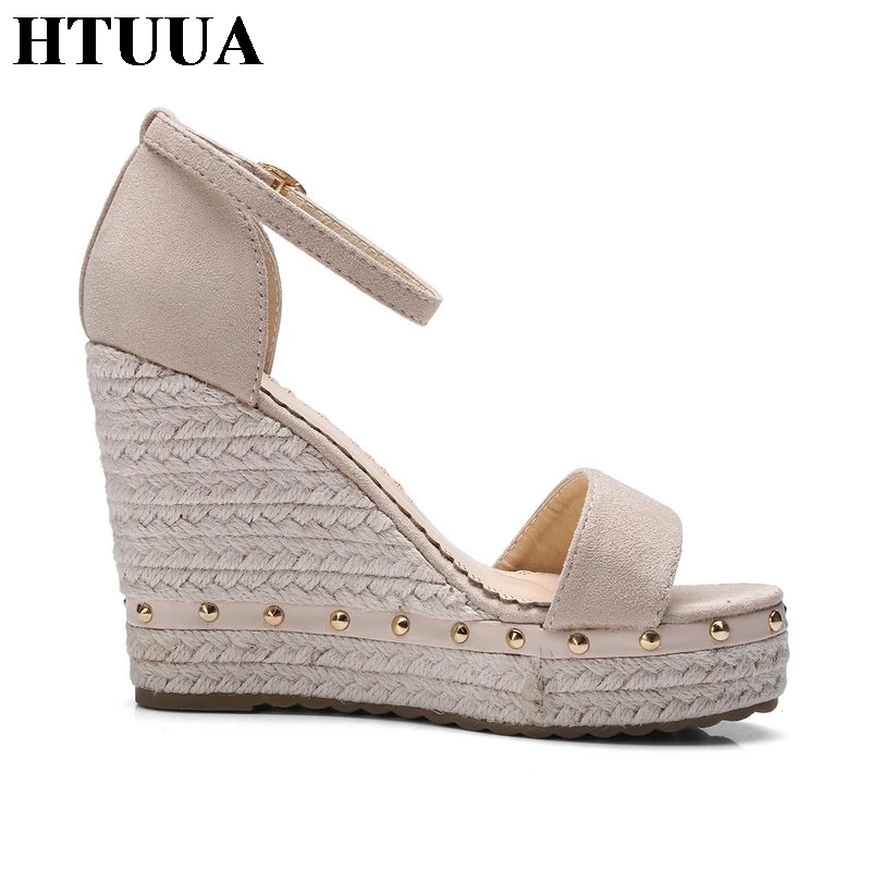 HTUUA 2018 New Women Sandals Summer Wedges Platform Shoes Rivet Fashion Ankle Strap Buckle 11CM High Heels Ladies SX1045 | Обувь