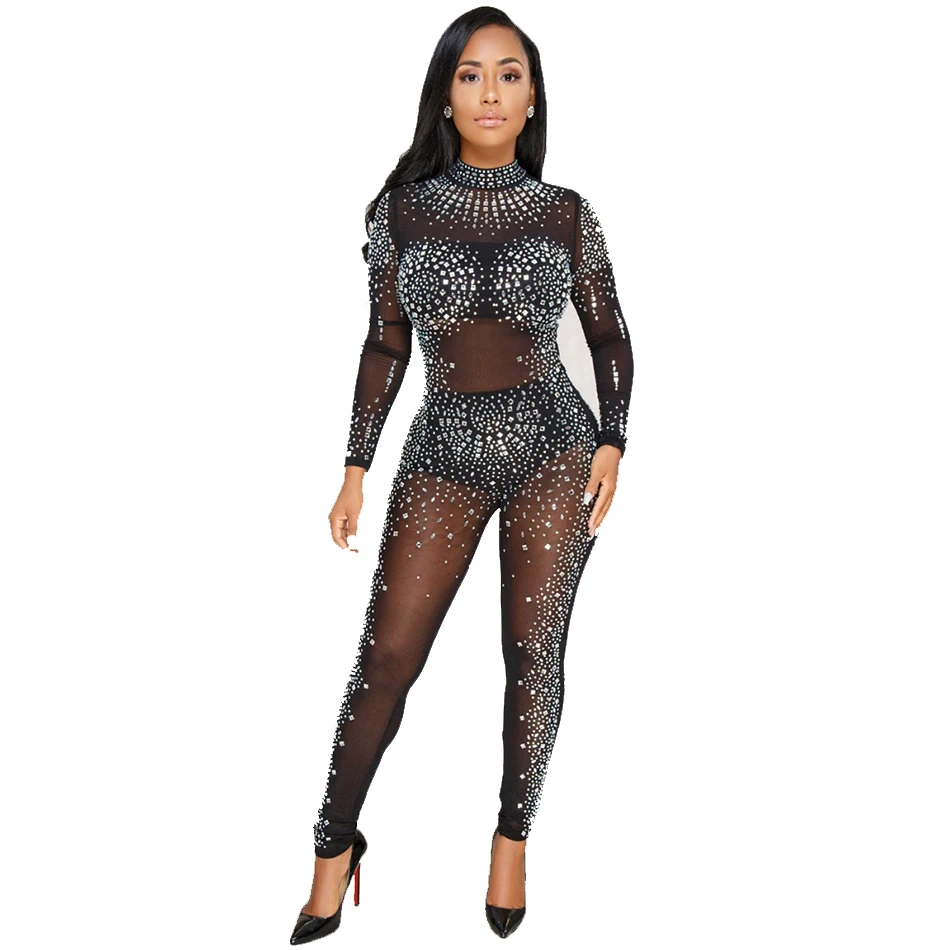 Сетчатый комбинезон с прозрачными алмазами летняя черная рабочая одежда