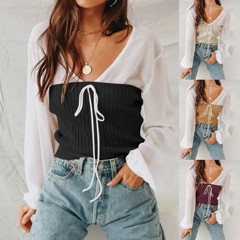 

Warm Top Sleeve Loose Women Knitted Jumper Sweater V-Neck Pullover Long Knitwear