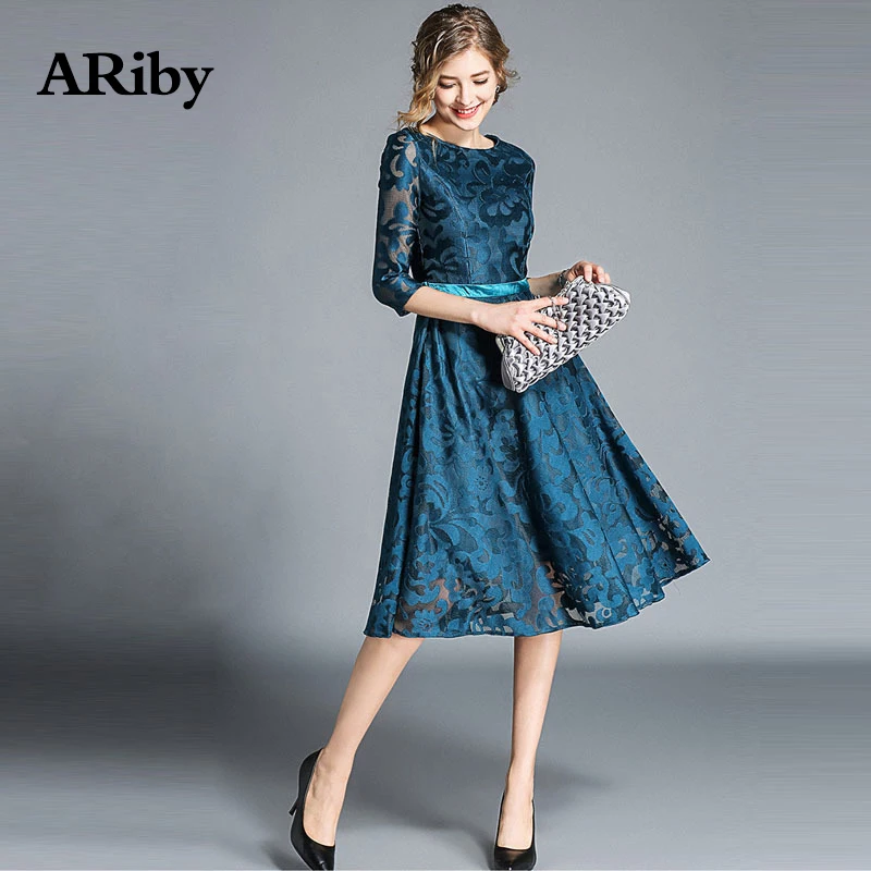 Женское платье Летнее кружевное Клубное платье ARiby модное офисное женское платье трапециевидной формы с вышивкой в стиле ампир с круглым воротником длиной до колена