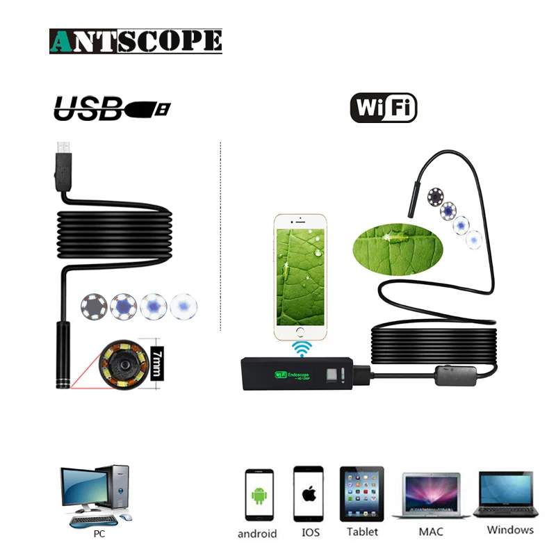 Antscope Wi Fi 8 мм эндоскопа 2/3. 5/5/10 M проводных Водонепроницаемый 1200 P Android iOS 7 Softwire USB