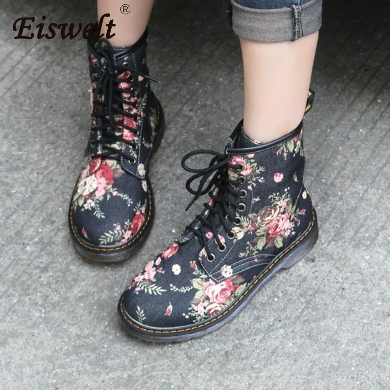 EISWELT Woman Martin Boots Fashion Flower Shoes Lace Up Motorcycle Oxfords Flats Ankle for Women Flat with Autumn Winter | Обувь