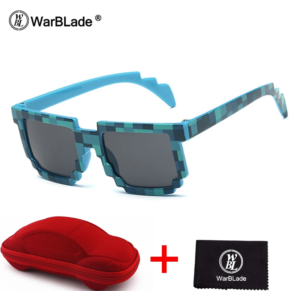 blue red case Модная детская одежда Солнцезащитные очки для женщин квадратный мозаика Защита от солнца Очки детей Pixel Солнцезащитные очки для женщин Мода Обувь для мальчиков Обувь для девочек Очки с случае warblade - Цвет линз: blue red case